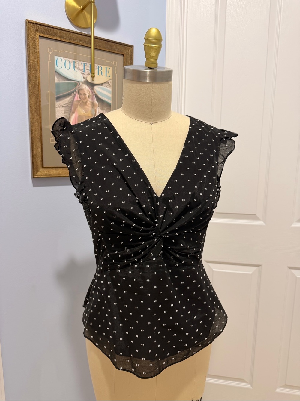 Rebecca Taylor Black Twist-Front Polka Dot Blouse